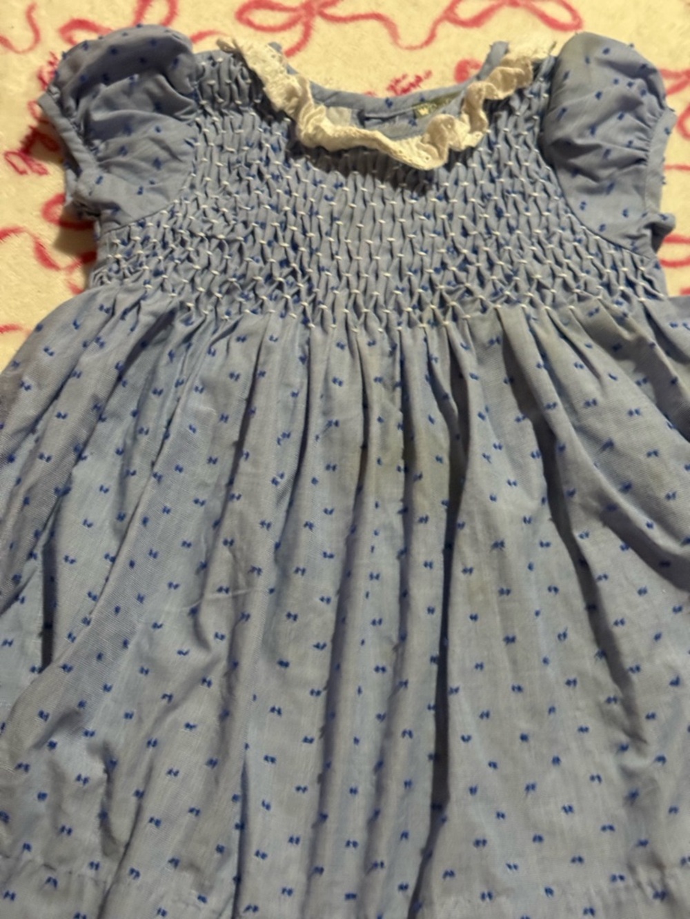 Girls Light Blue Smocked Cotton Dress with Lace Collar